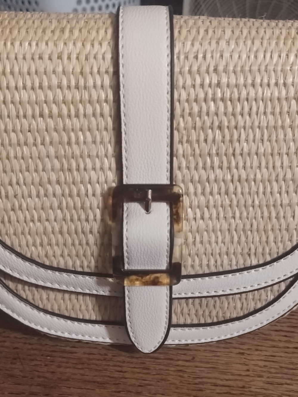 Cream Straw Crossbody Bag with White Trim and Tortoiseshell Buckle